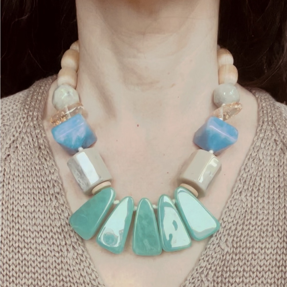 Bold Resin and Wood Bead Statement Necklace - Hand Strung